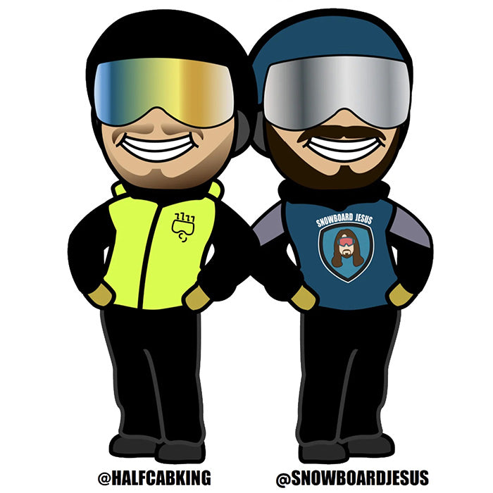 Two animated characters wearing goggles and jackets with brand logos on a white background.