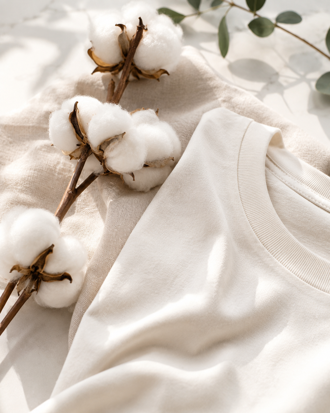 Cotton bolls on the branch resting on a natural cotton tee