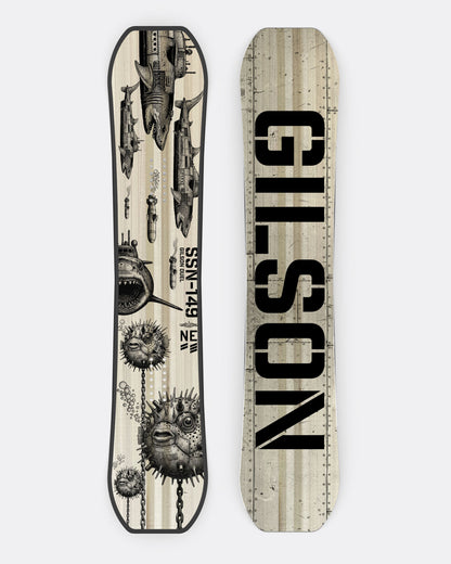 2027 GILSON Duel snowboard, top sheet and base side by side, artwork by Taylor Harpster