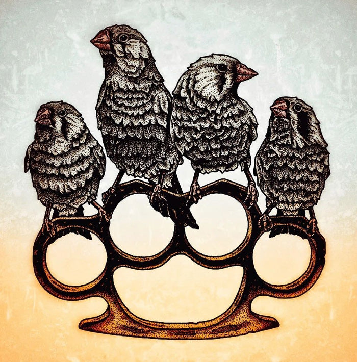 Detailed illustration of four finely textured birds perched on a brass knuckle, combining soft natural detail with bold metallic contrast against a muted orange and gray gradient background.