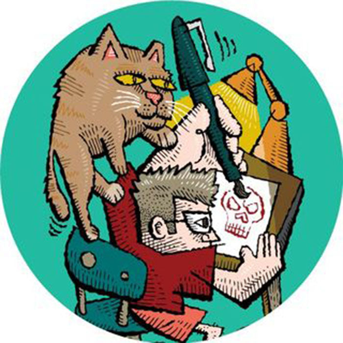 Cartoon illustration of a cat on a man's shoulder with a toothbrush, against a teal circle background.