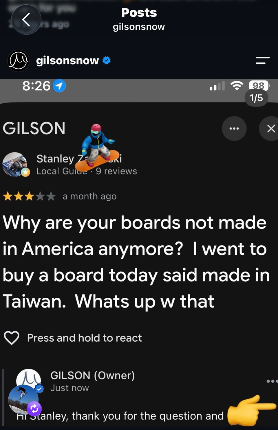 Stanley's question and Gilson's reply on Instagram