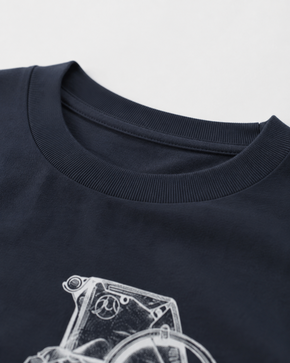 Macro detail of ribbed crew collar on Gilson tee